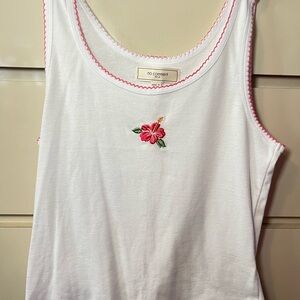 No Comment White Tank Top with Pink Floral Embroidery